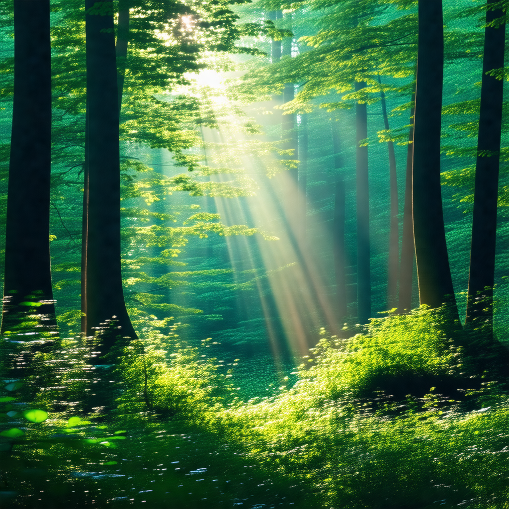 Serene forest scene with a bright sun shining through the...