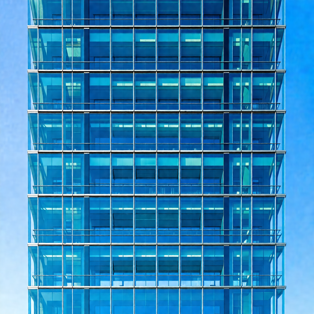 Tall, blue glass building with many windows