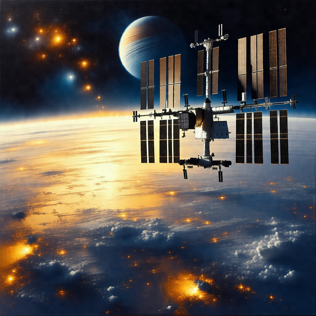 Space station floating in the sky, with a large satellite...