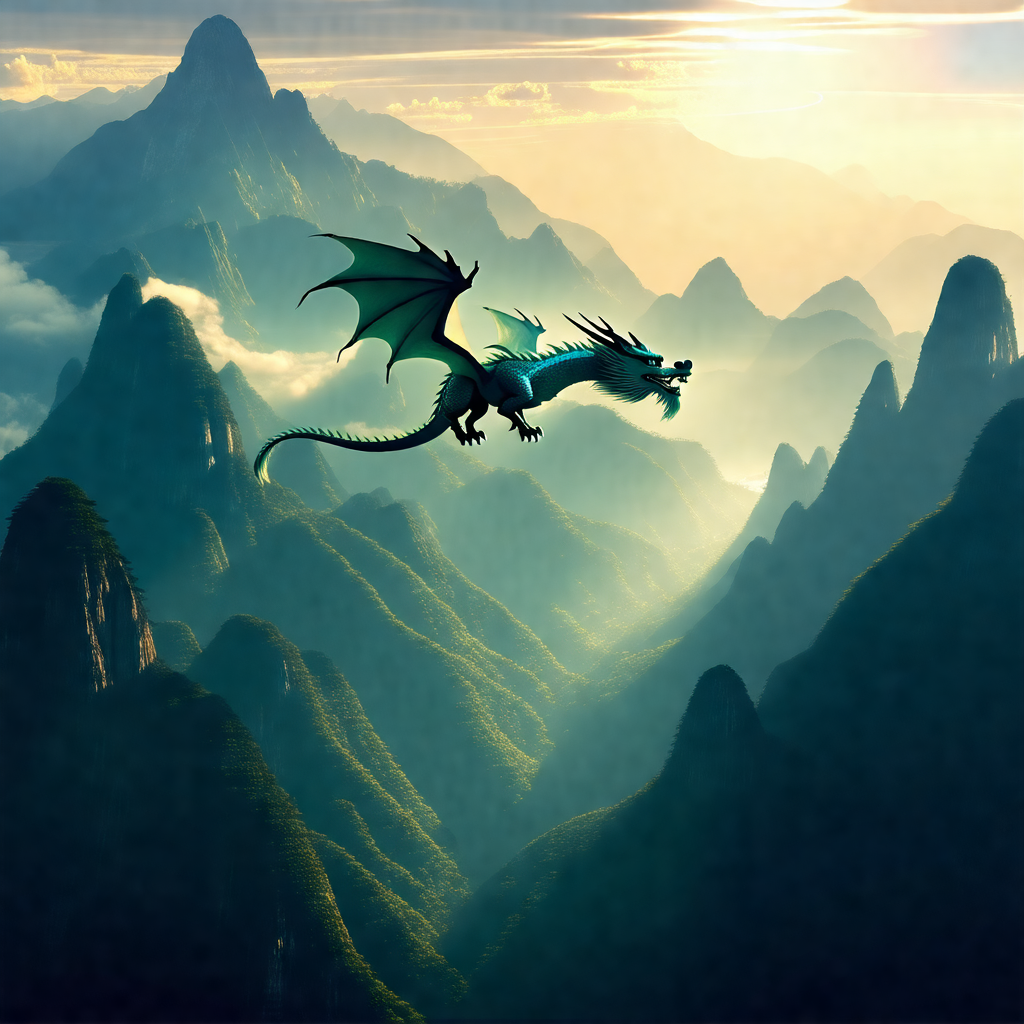 Dragon flying through the air, soaring over a mountainous...