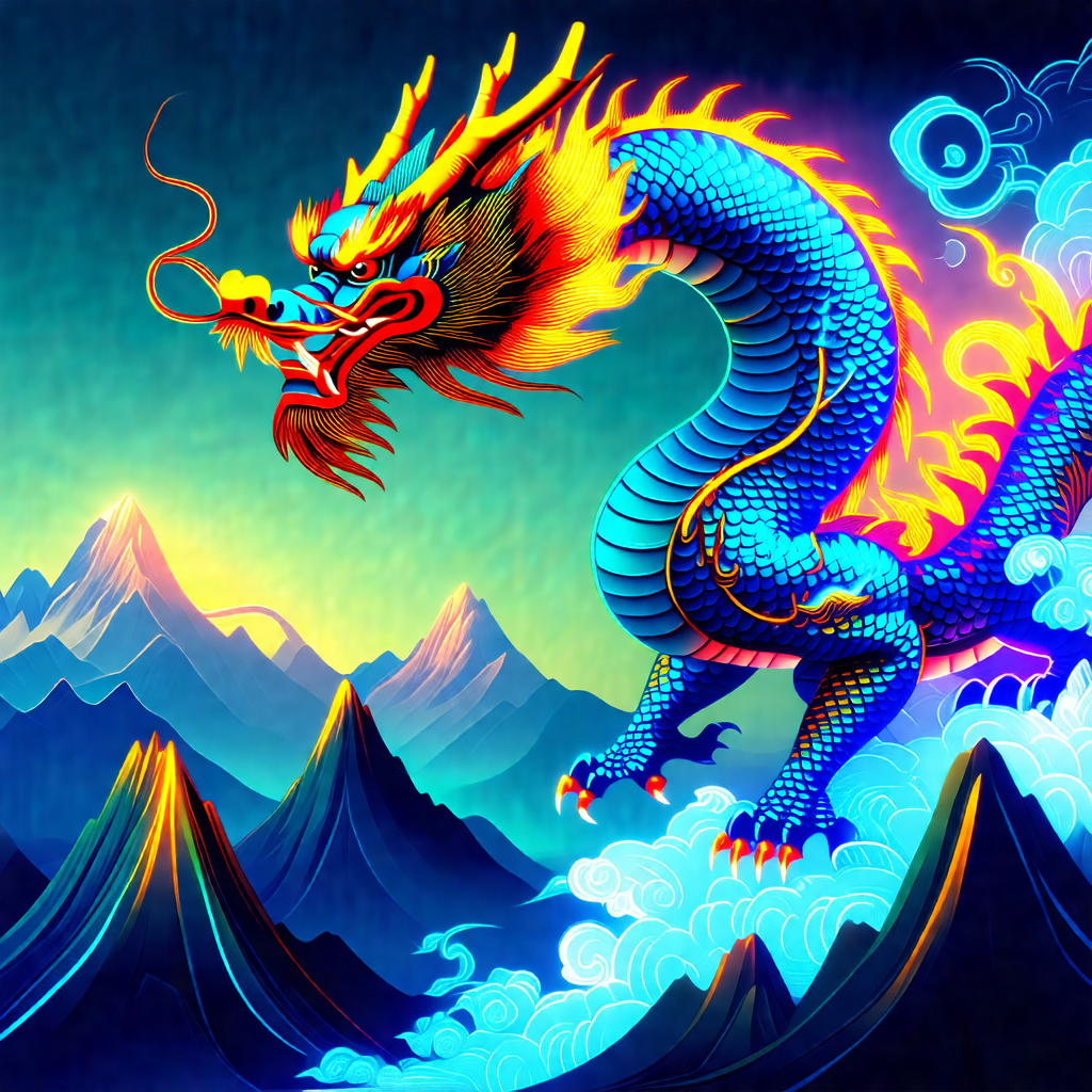 Large, colorful dragon with a red and yellow body, soarin...