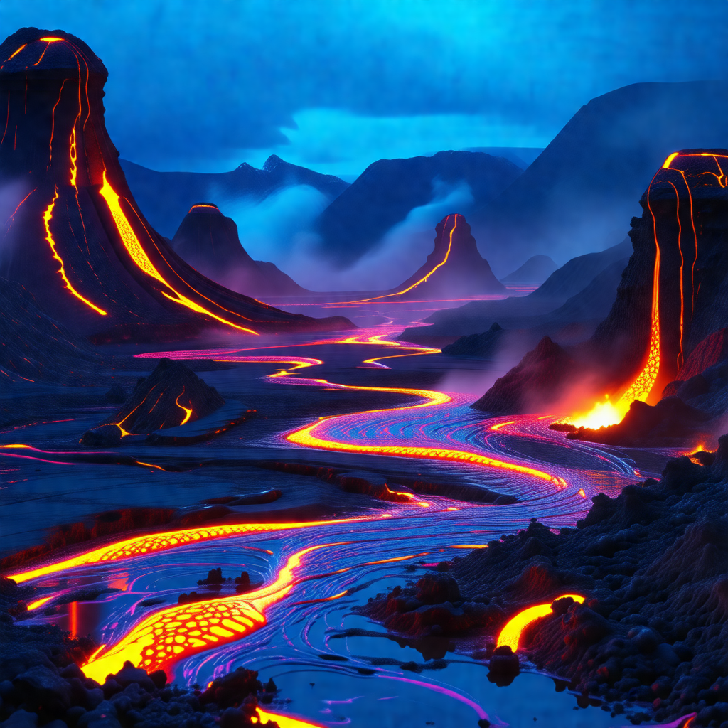 Digital painting of a volcanic landscape with a river flo...