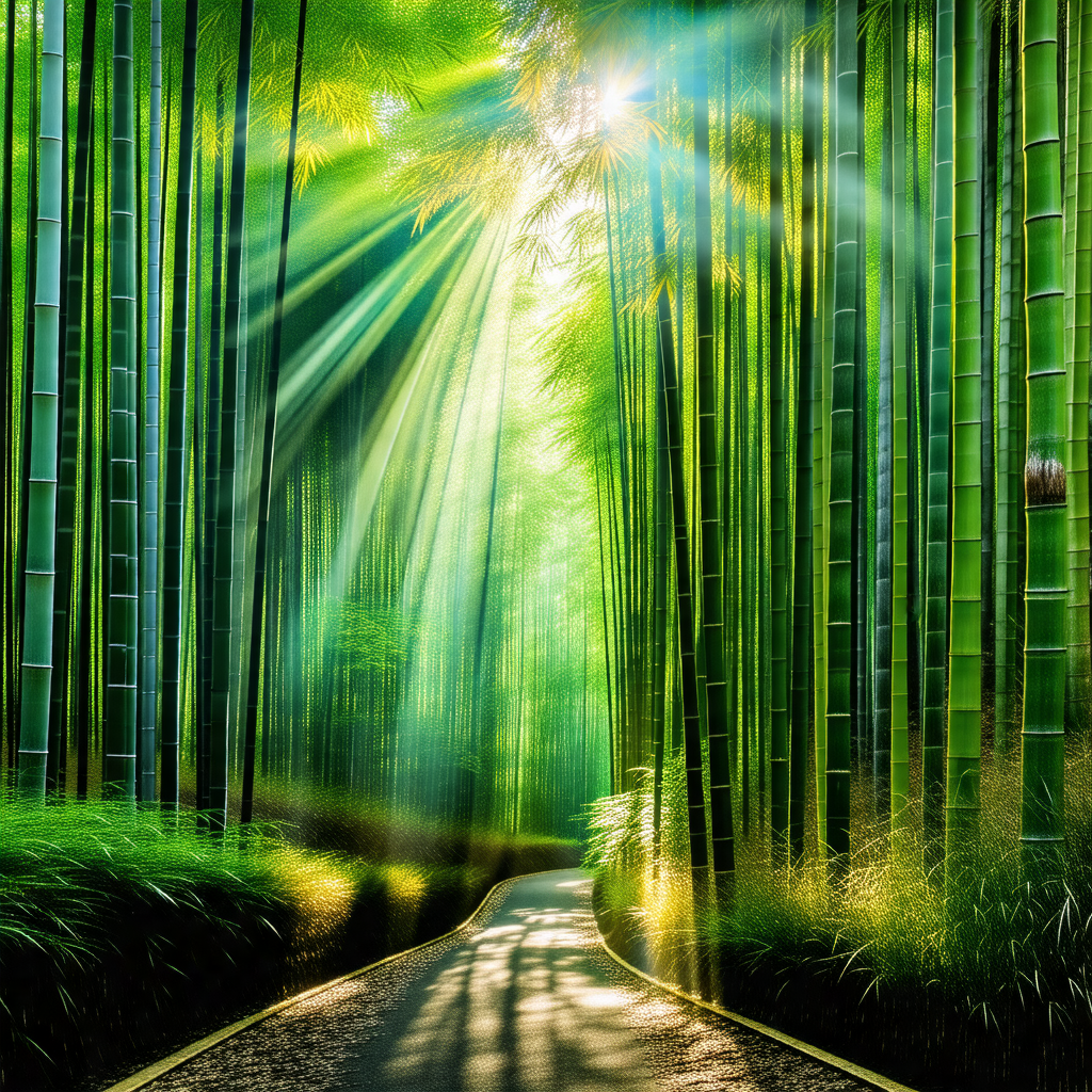 Pathway surrounded by a forest of tall, slender bamboo trees