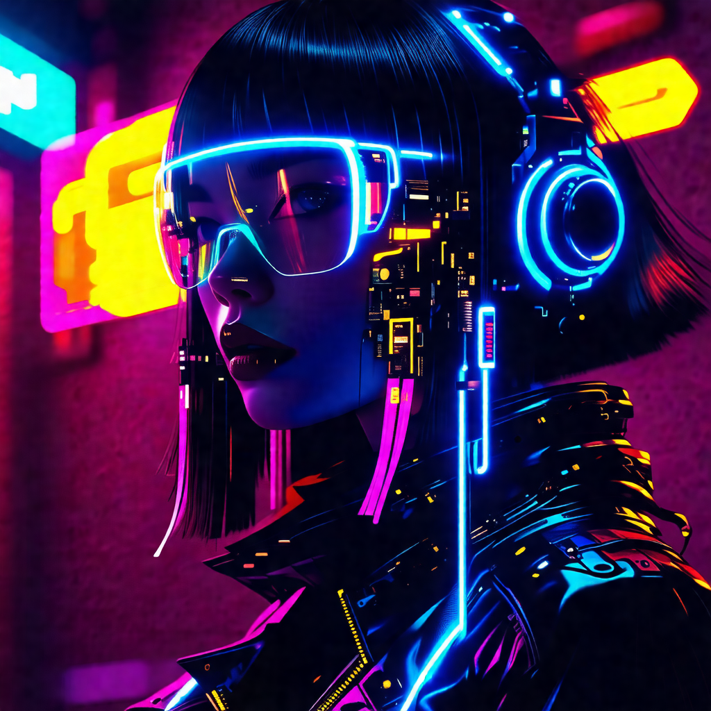 Colorful and futuristic portrait of a woman wearing a bla...