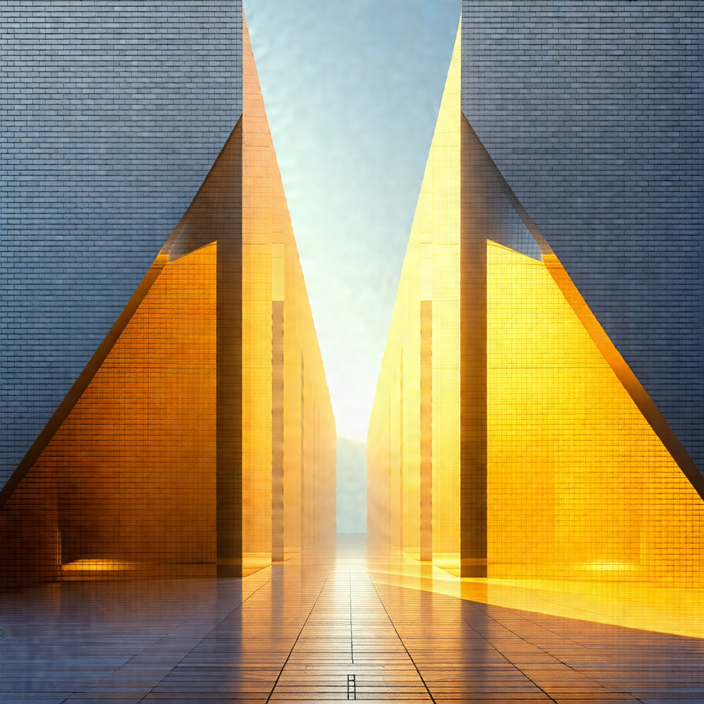 Long, narrow hallway with two large, golden arches on eit...