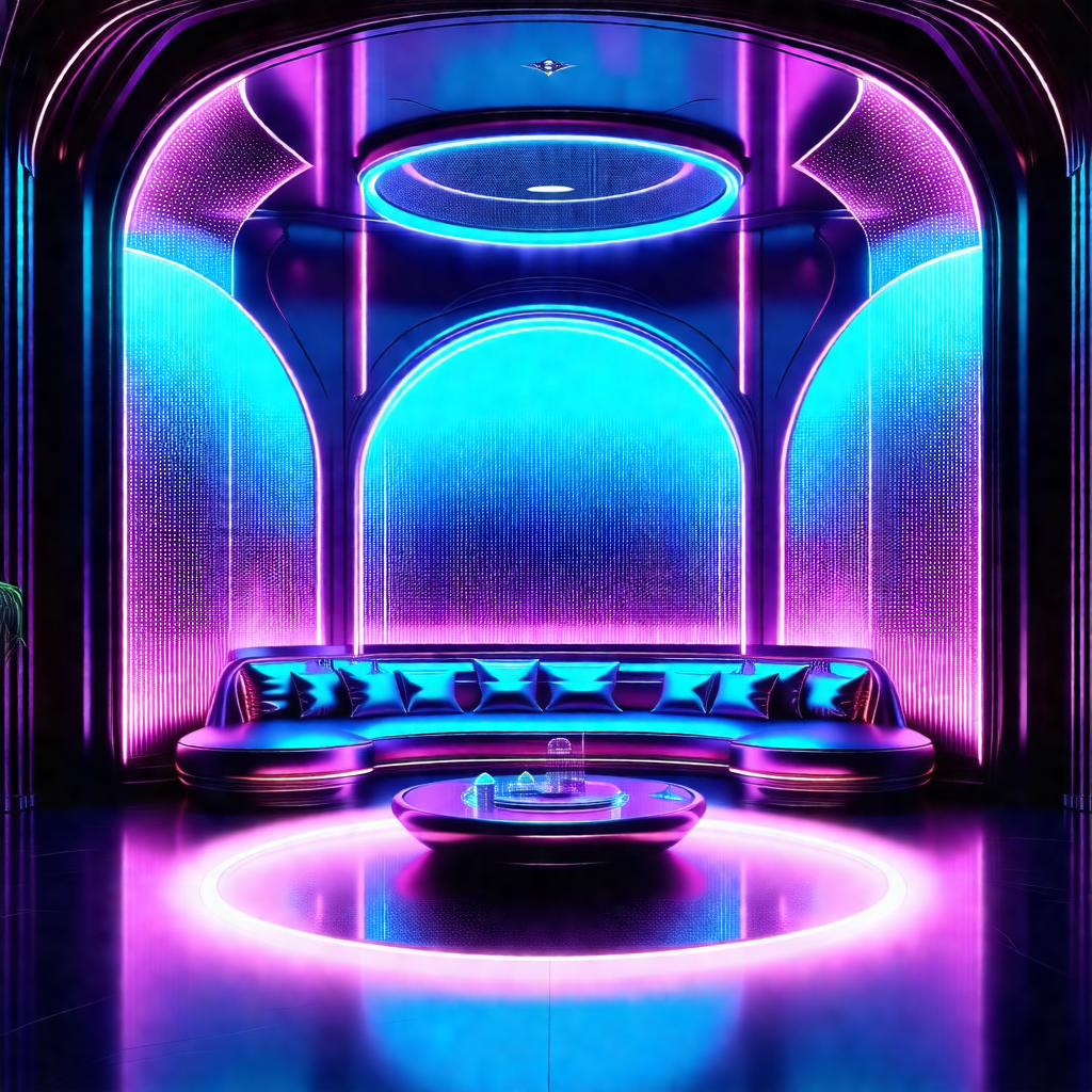 Large, purple-lit room with a circular table in the center