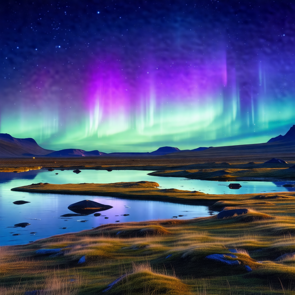 Captures a serene night scene with a lake surrounded by m...