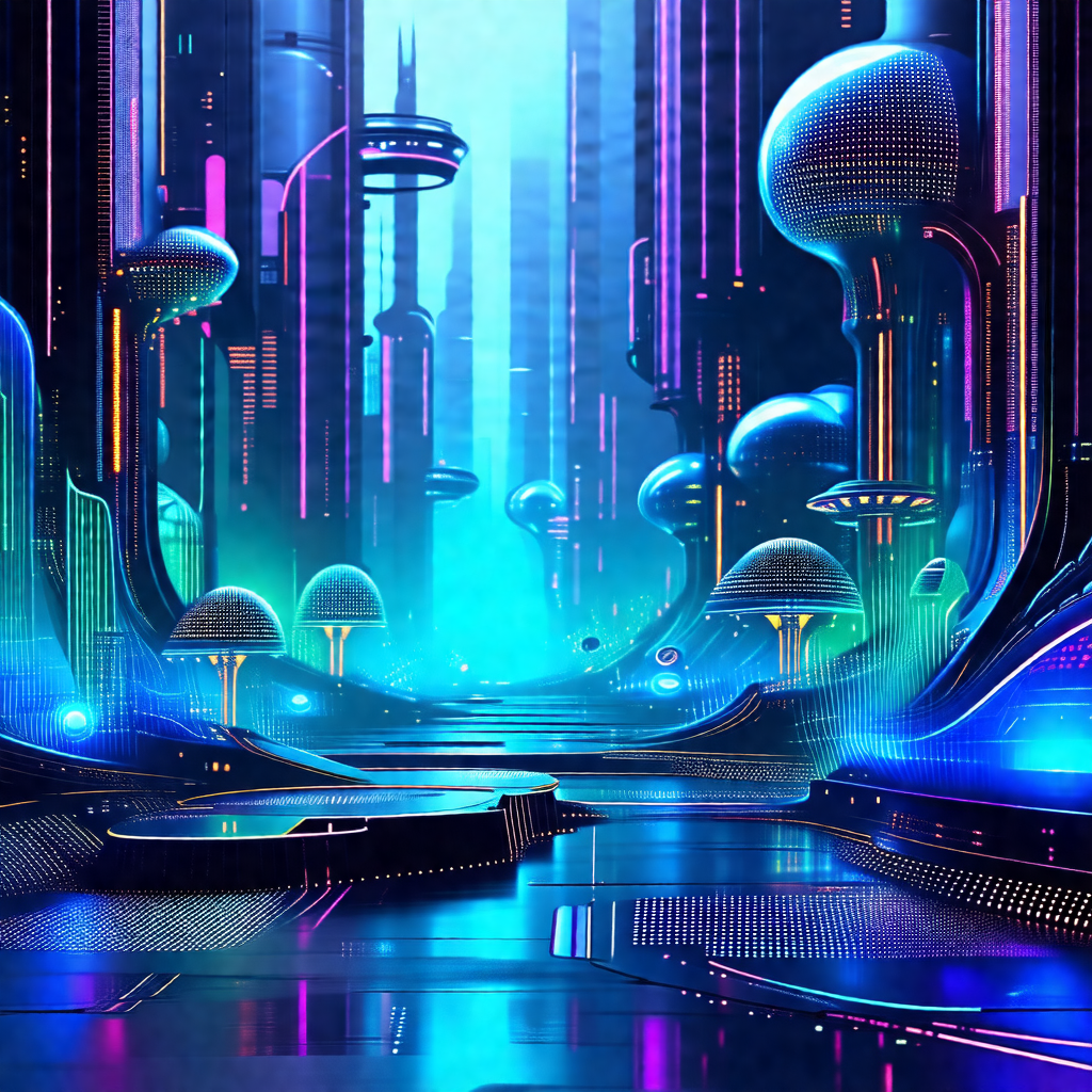 Futuristic cityscape with a blue sky and a variety of col...
