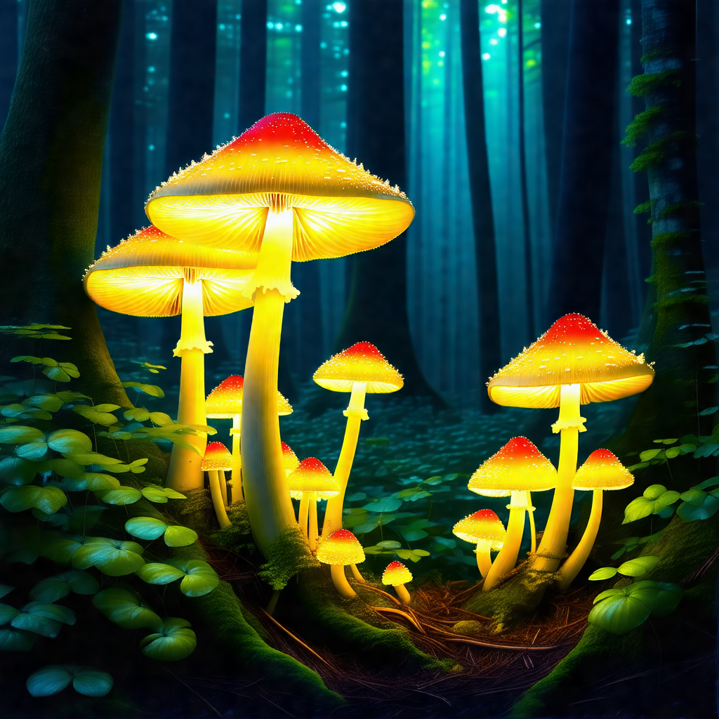 Group of brightly lit mushrooms growing in a forest