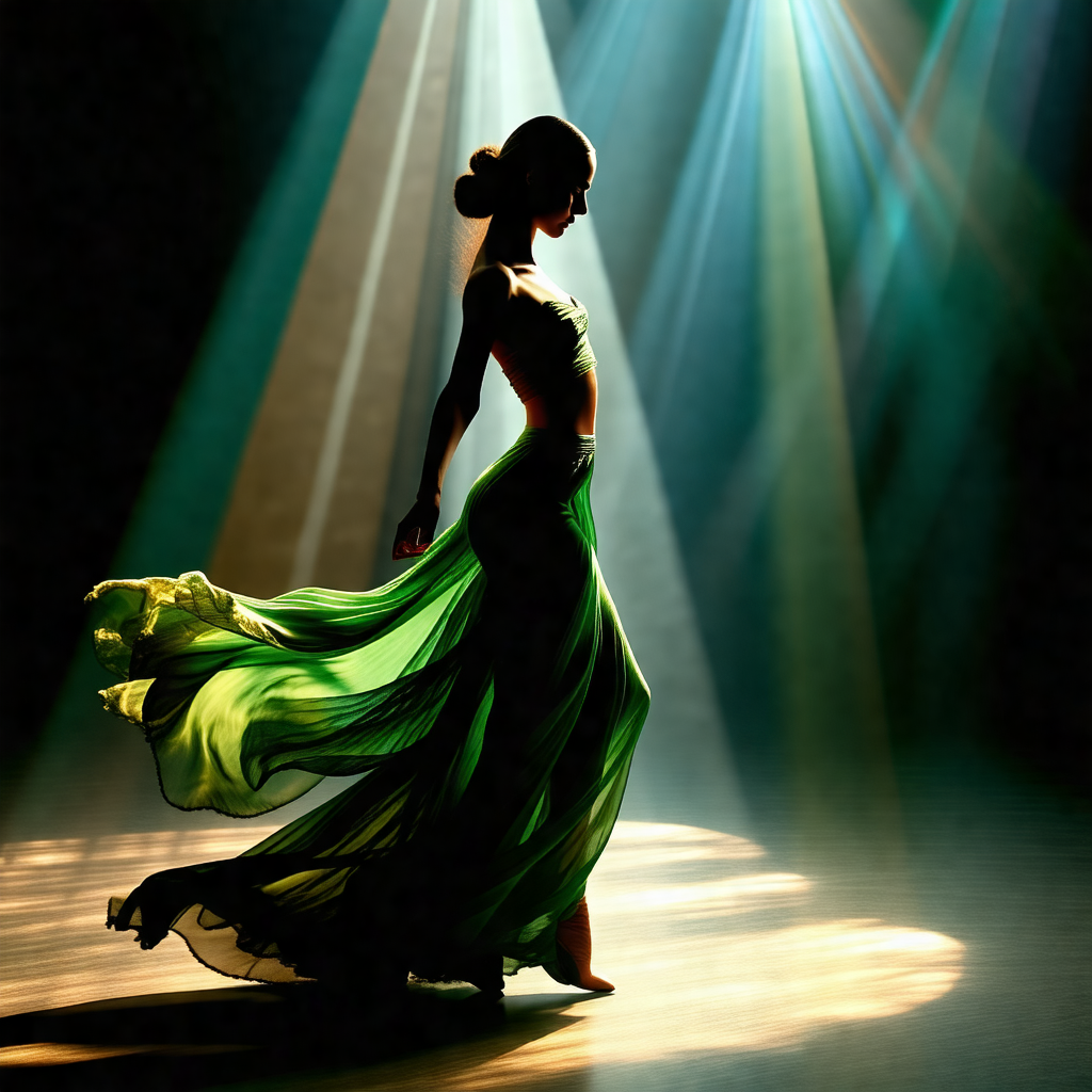 Woman wearing a green dress, standing in a room with a br...