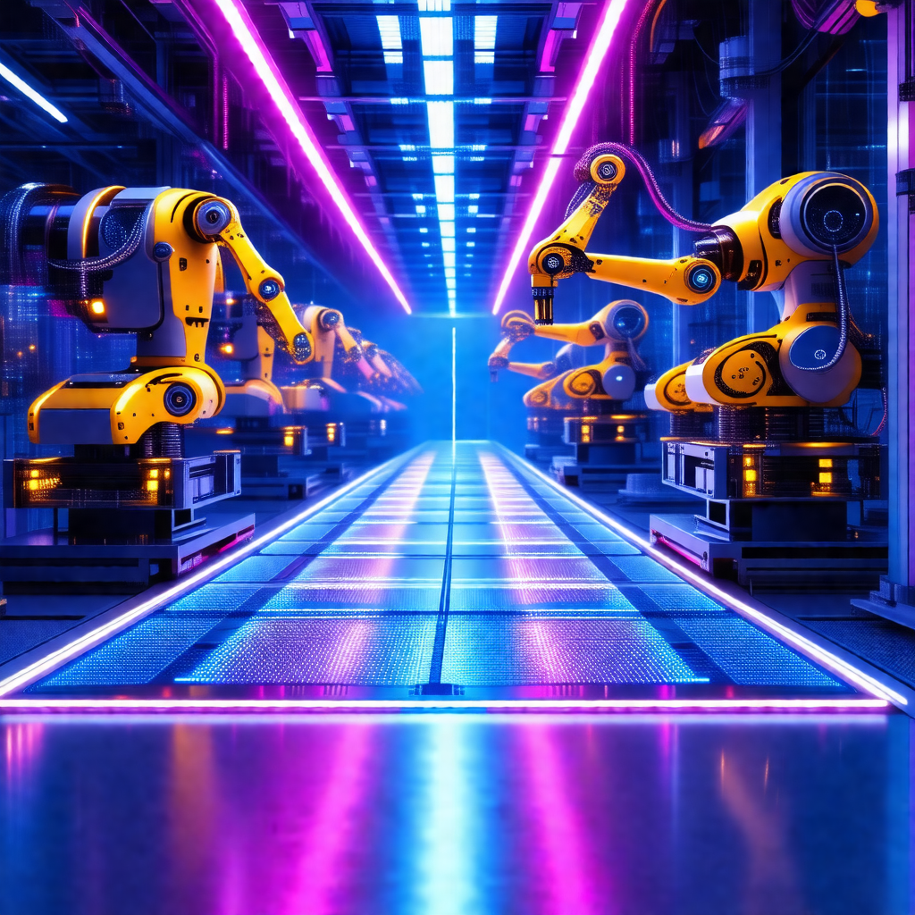 Factory with a long row of robots lined up on a conveyor ...