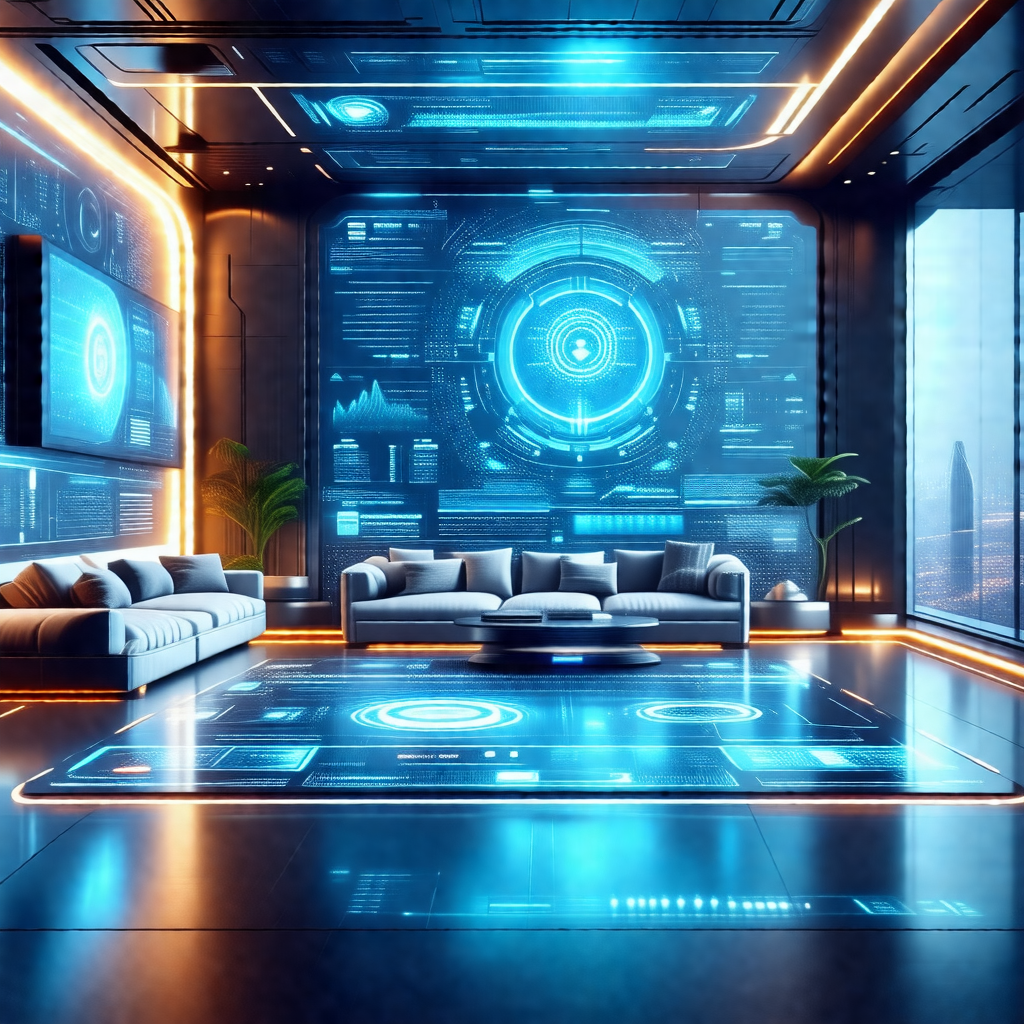 Futuristic living room with a blue and white color scheme