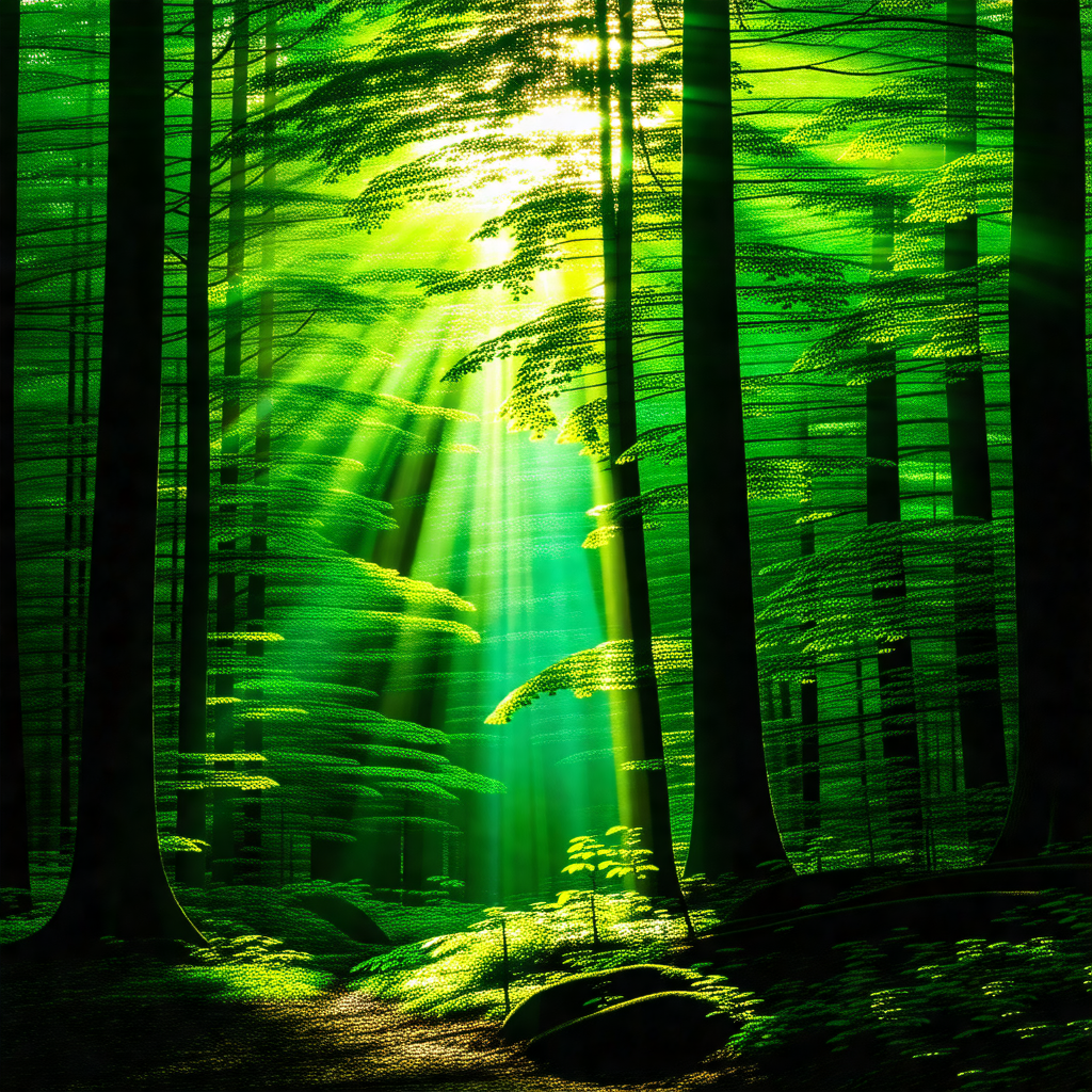Lush green forest filled with tall trees and sunlight str...