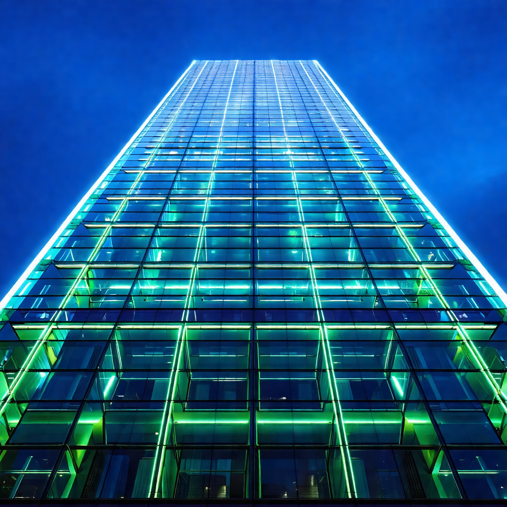 Tall, modern building with a green glow