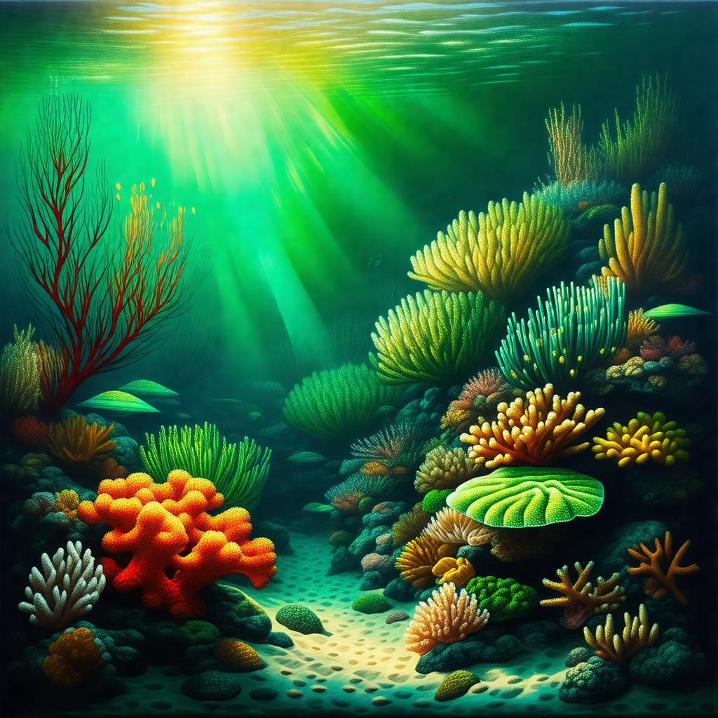 Colorful painting of a coral reef, featuring a variety of...