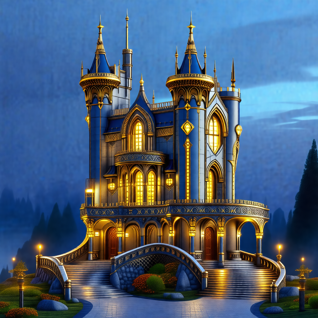 Large, ornate castle with a golden facade