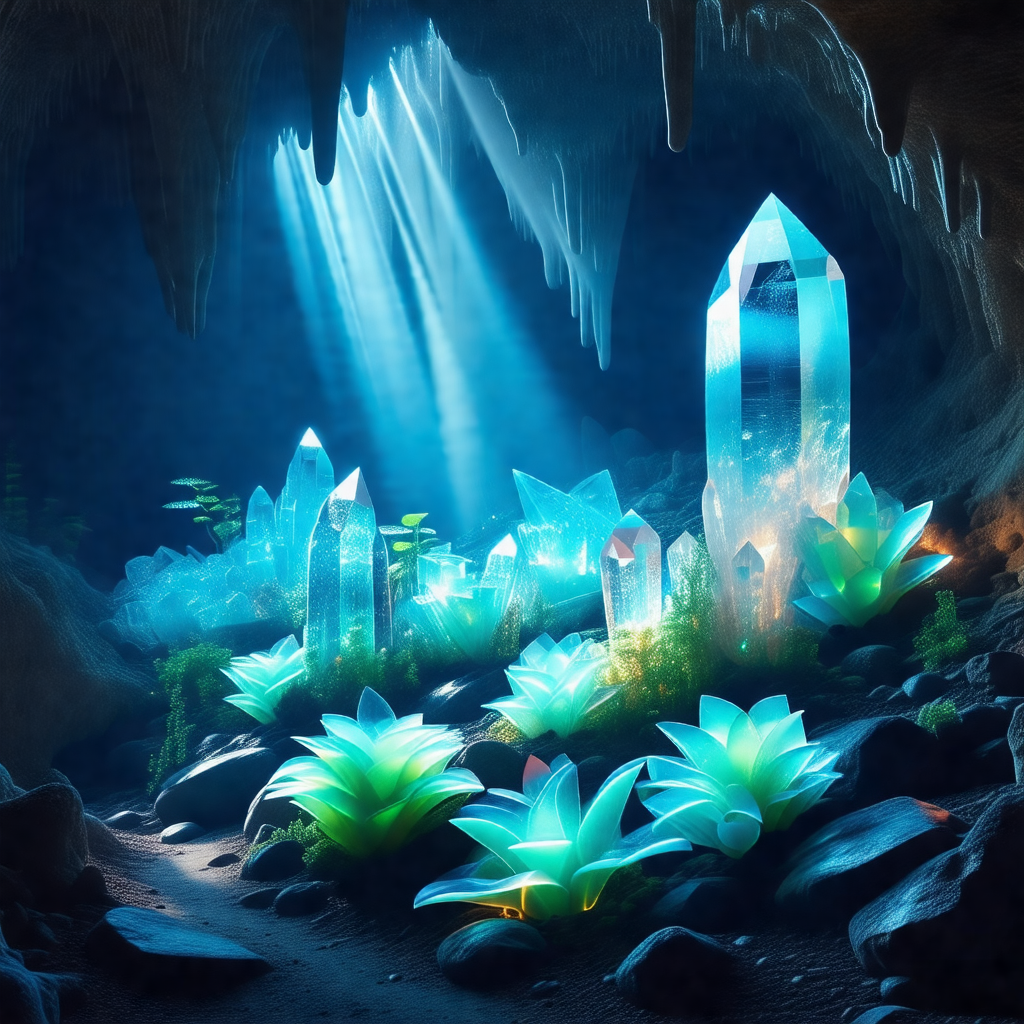 Cave with a blue light illuminating the space