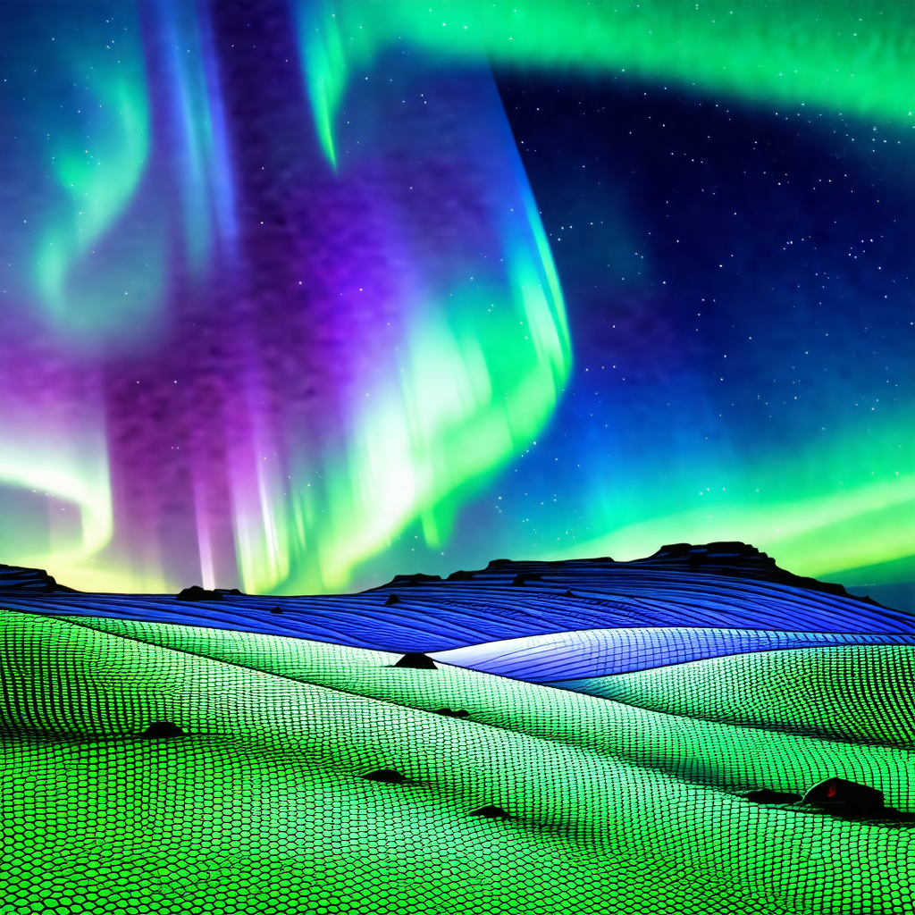Beautiful scene of a green and purple sky with a mountain...