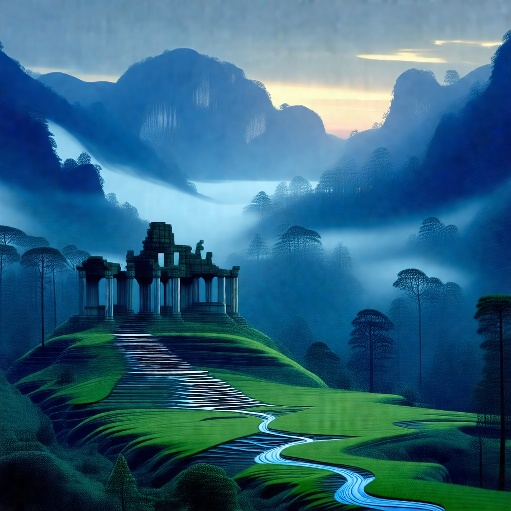 Beautiful landscape with a large, ancient-looking structu...