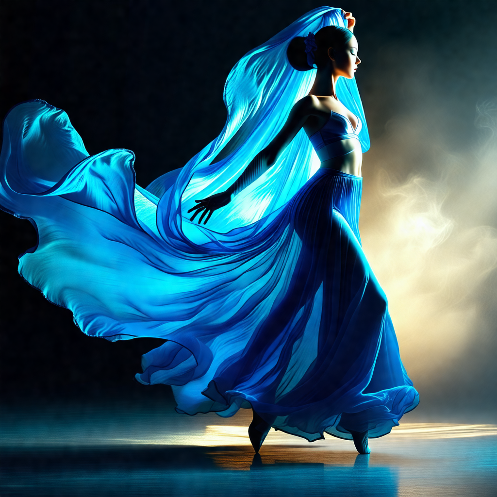 Woman wearing a blue dress, standing in a room and dancing