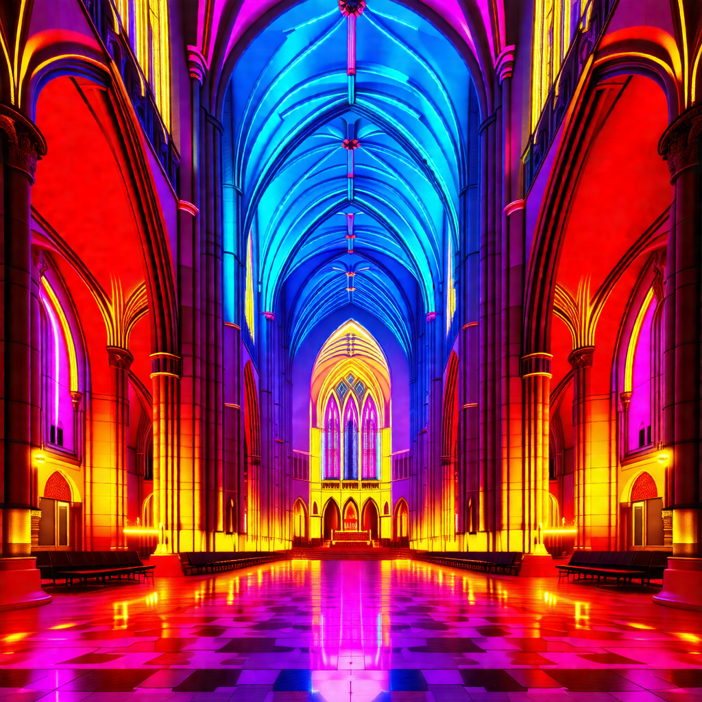 Colorful, artistic representation of a cathedral