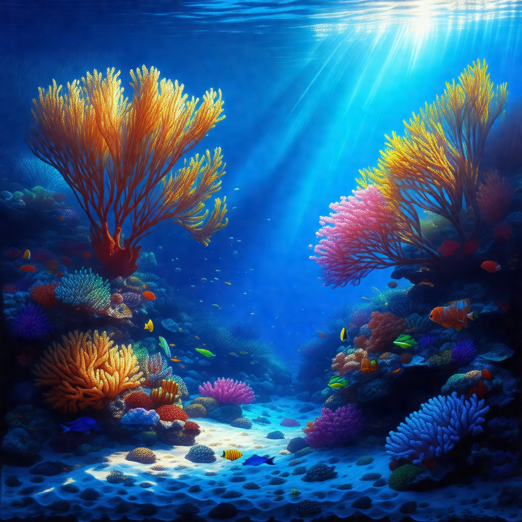 Colorful, computer-generated underwater scene featuring a...