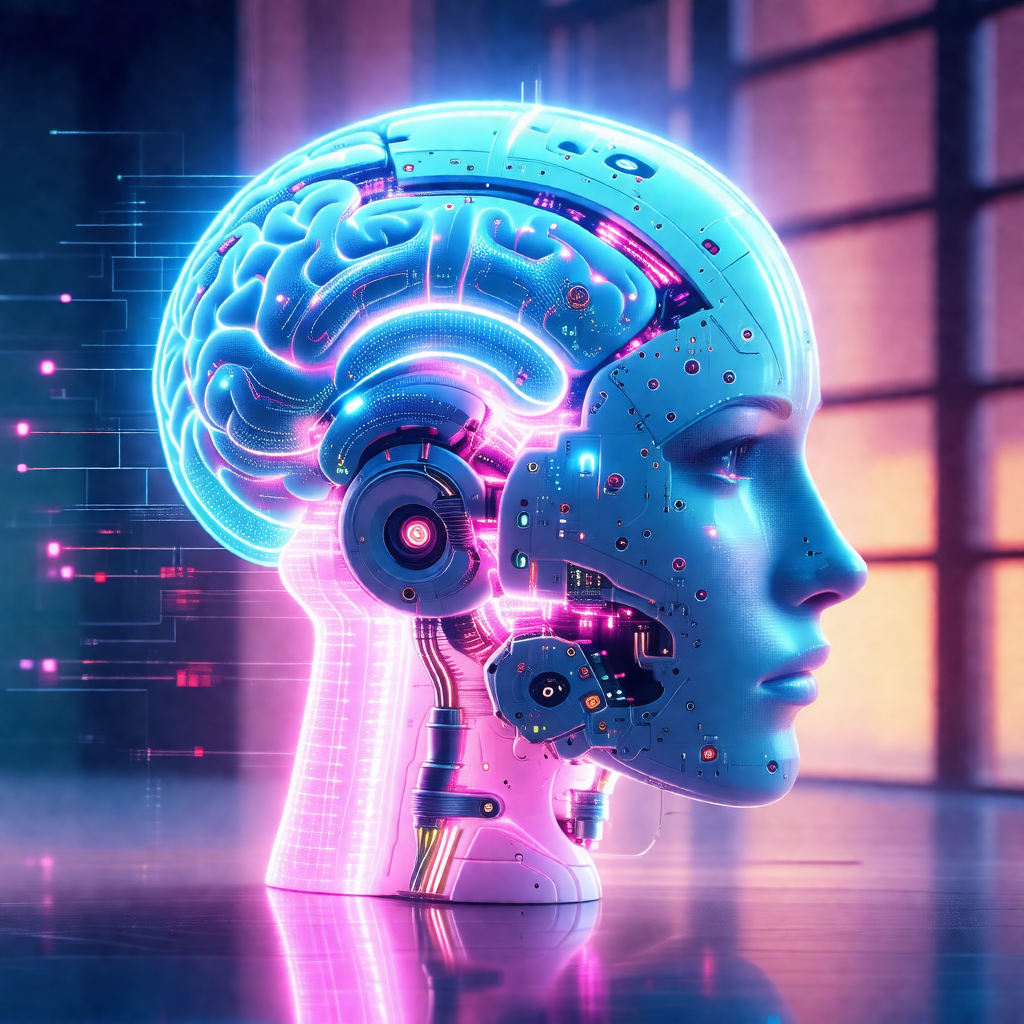 Futuristic robotic head with a pink and blue glow