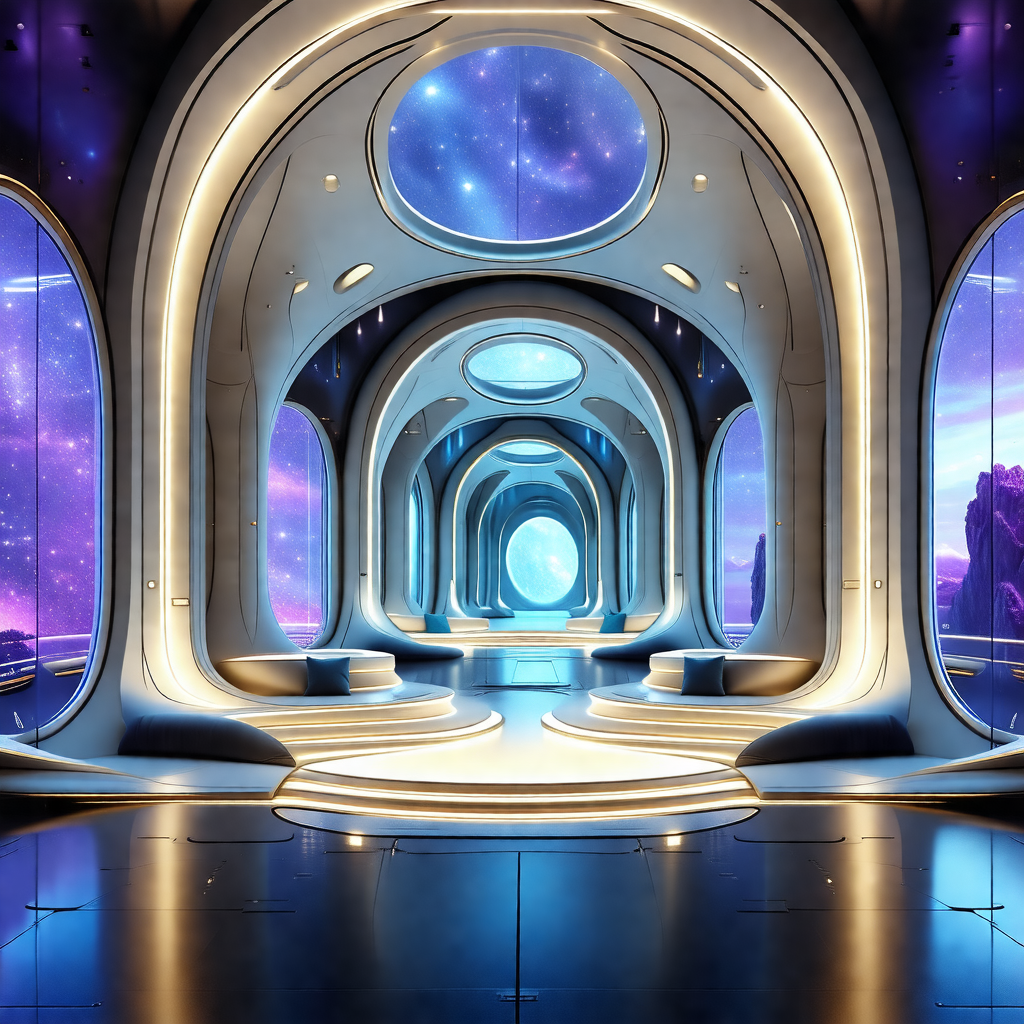 Futuristic space station with a long hallway lined with b...