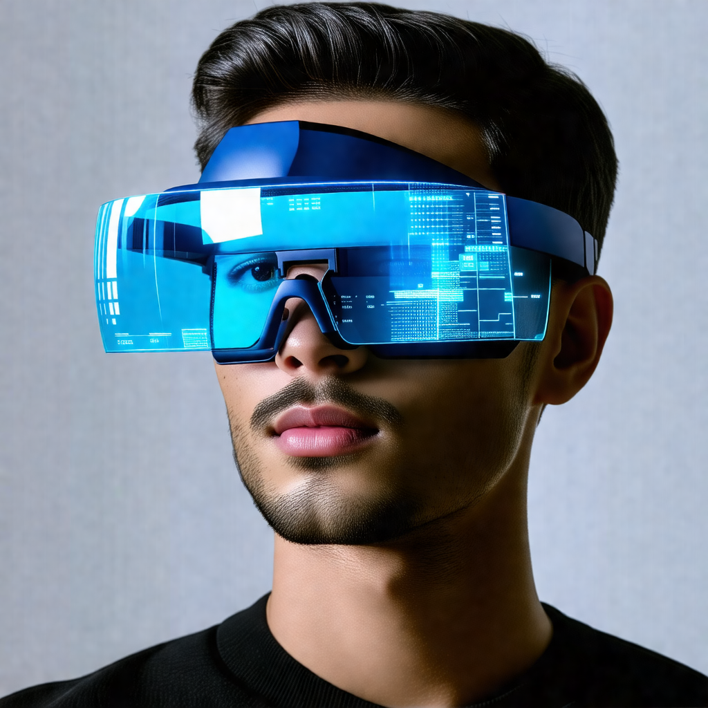 Man wearing a pair of futuristic blue goggles, giving him...