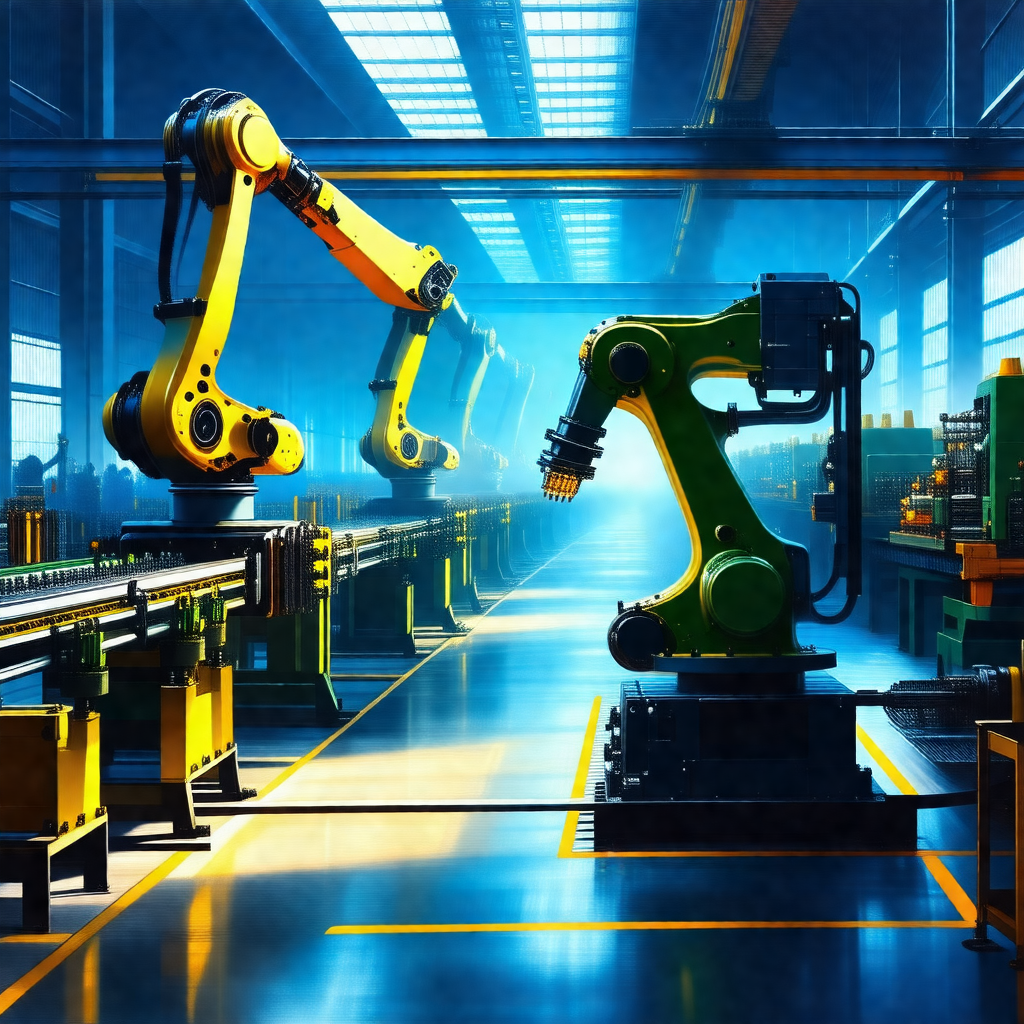 Factory floor with a row of robots lined up, working on v...