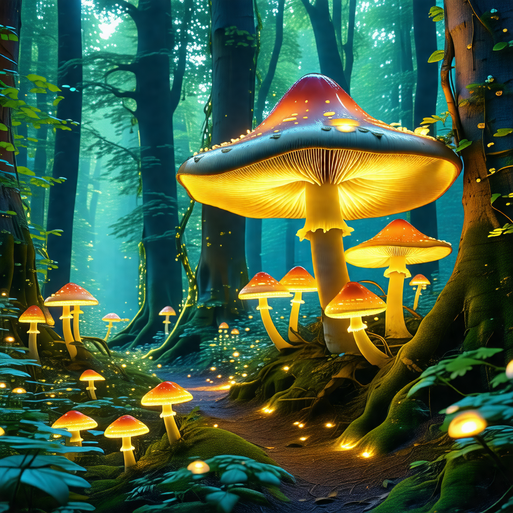 Forest with a large mushroom growing on a tree