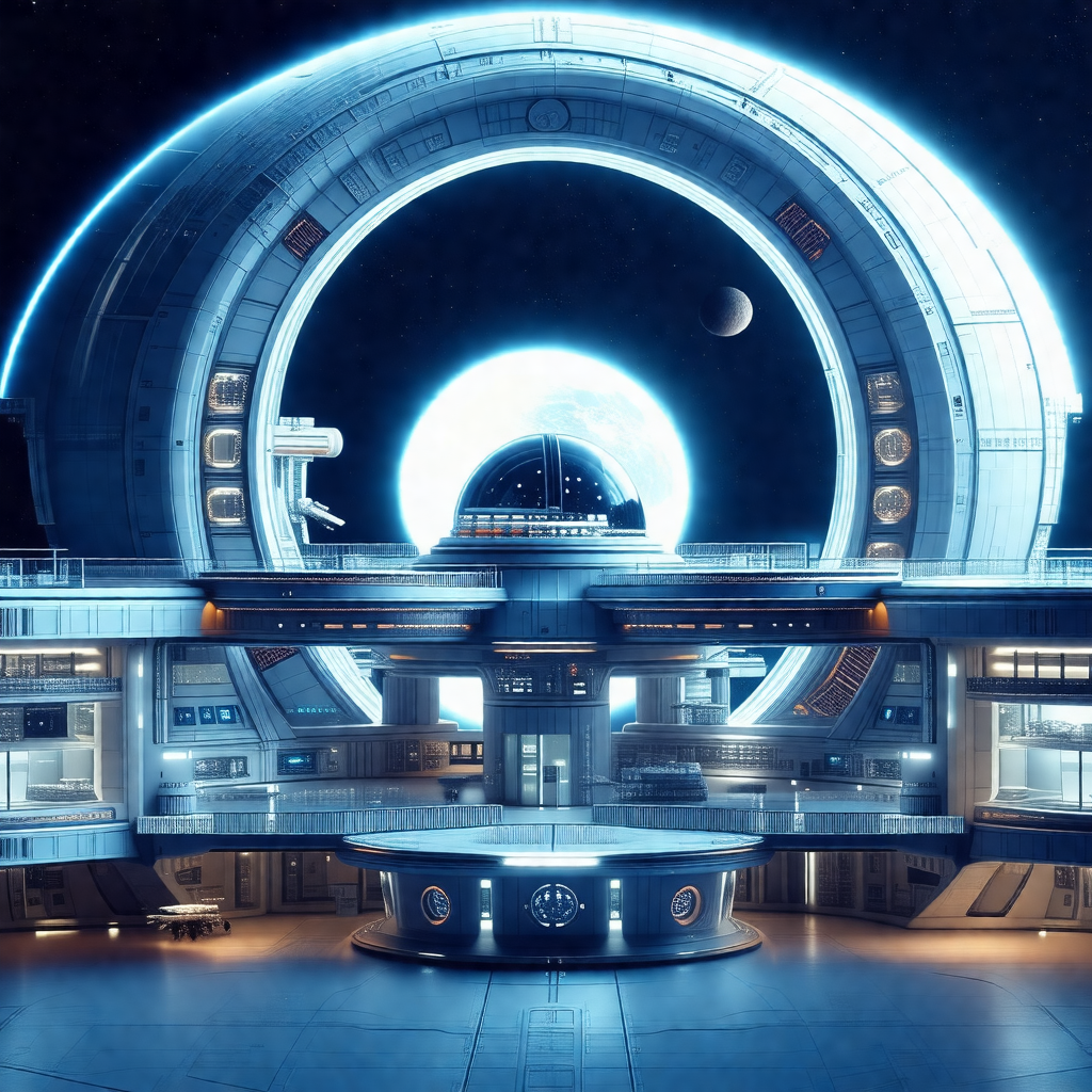 Futuristic space station with a large, round, blue struct...