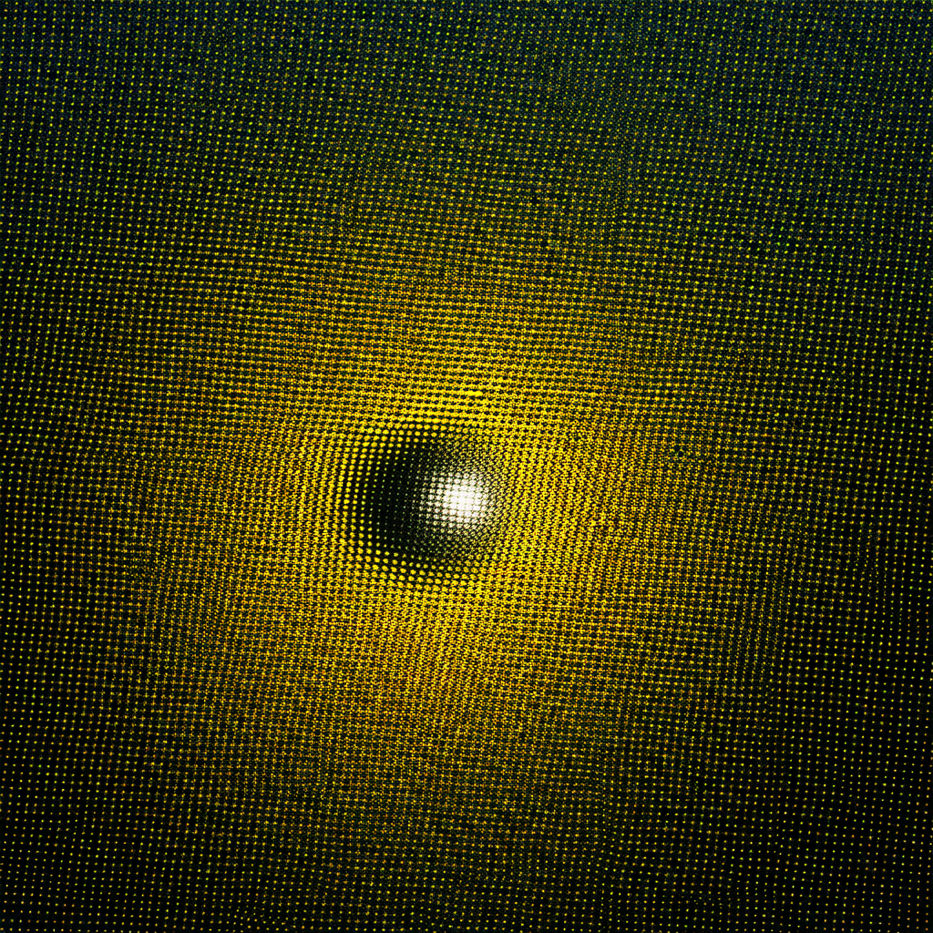 Yellow ball, possibly a sun, surrounded by a blue background