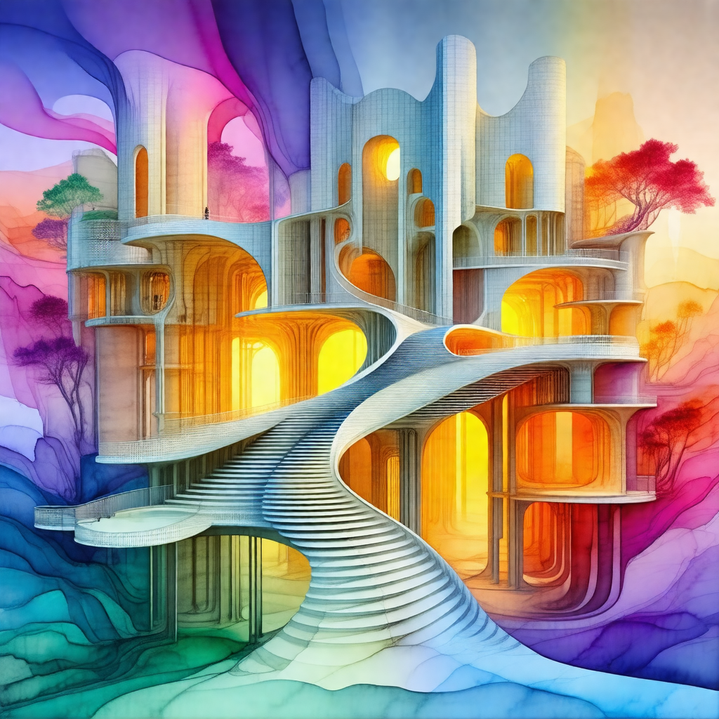 Colorful and detailed painting of a large, multi-storied ...