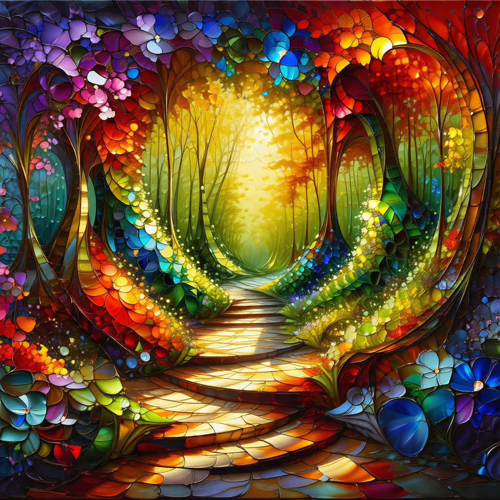 Beautifully painted forest scene with a pathway leading t...