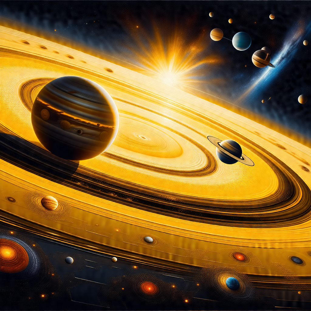 Painting of a solar system, featuring a large yellow plan...