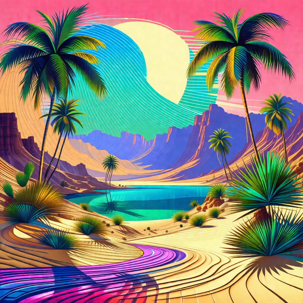 Colorful painting of a tropical beach scene