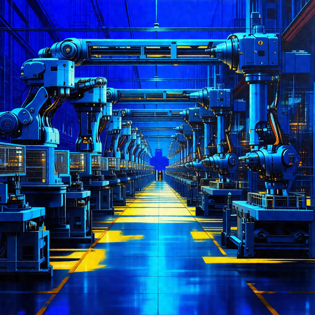 Blue-toned painting of a factory with a large number of r...