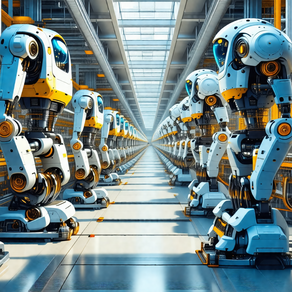 Factory with a large number of white robots lined up in a...