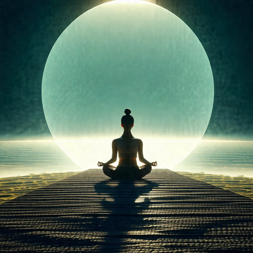 Woman sitting in a lotus position on a wooden platform