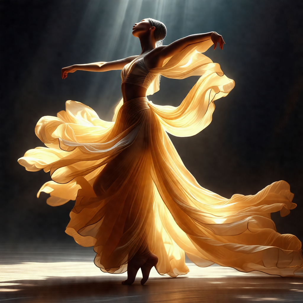 Woman in a flowing dress, dancing in a darkened room
