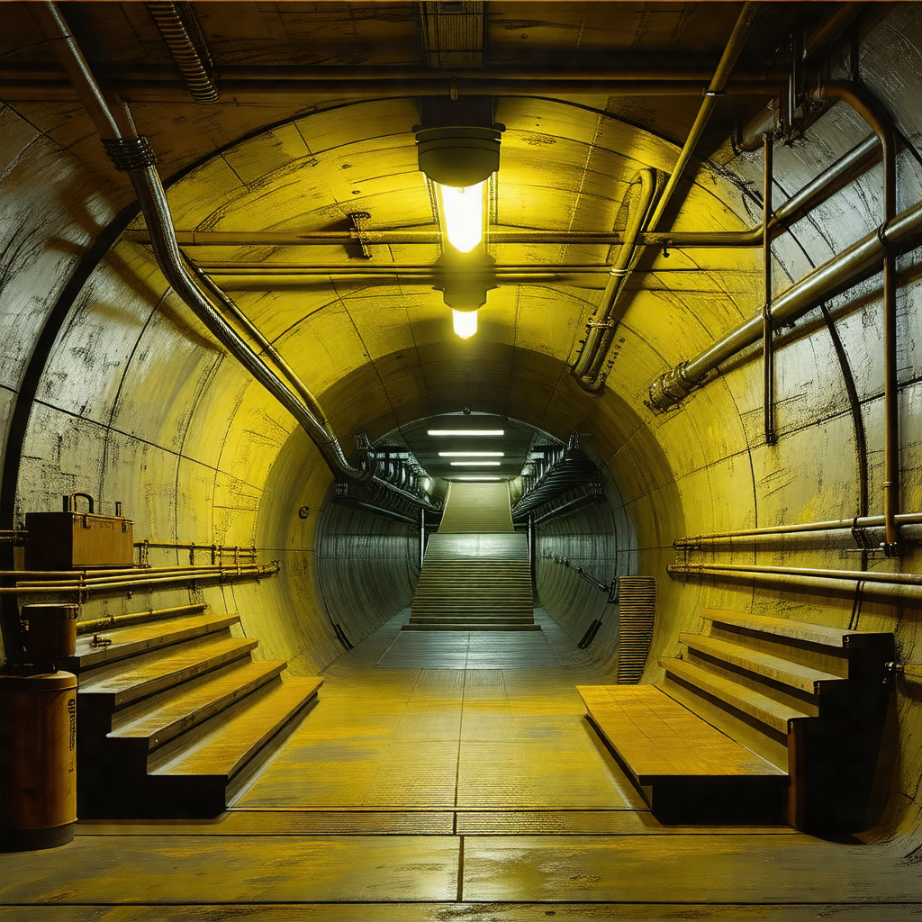 Large, dark tunnel with a yellow light illuminating the s...