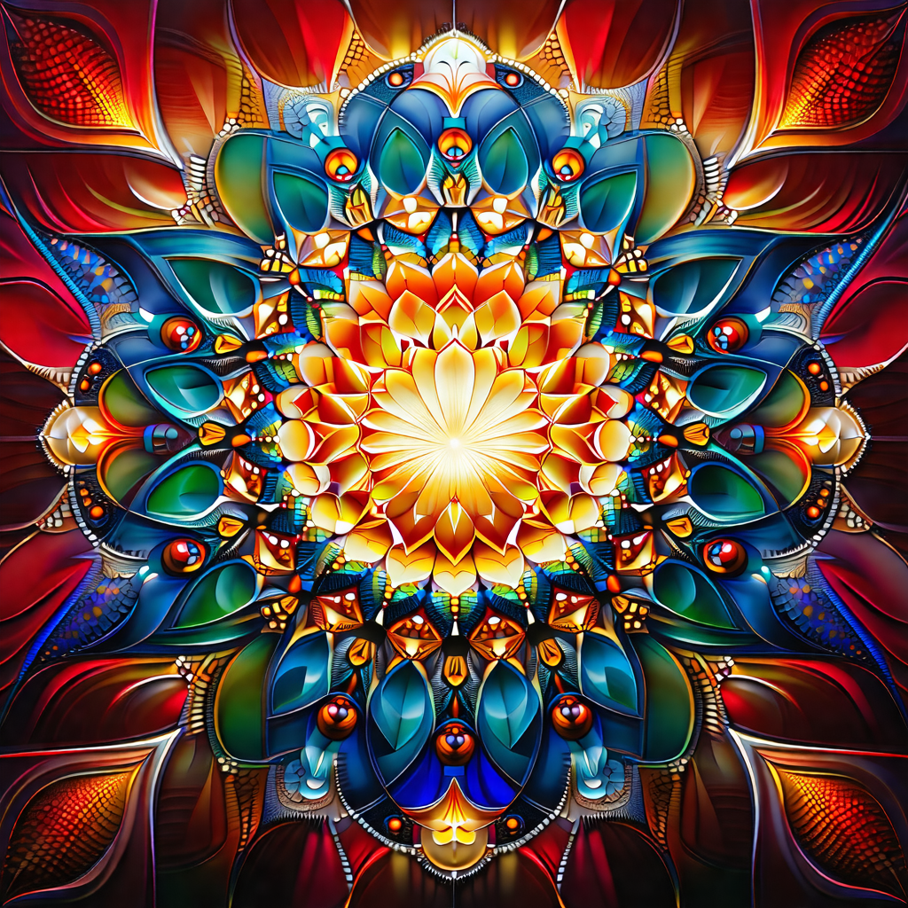Vibrant and colorful flower design, likely a mandala, wit...