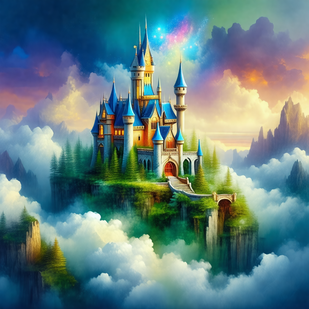 Large, colorful castle with a tall tower and a bridge