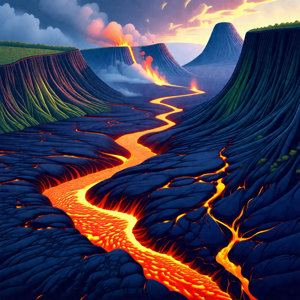 Vivid scene of a volcano with a river of lava flowing thr...