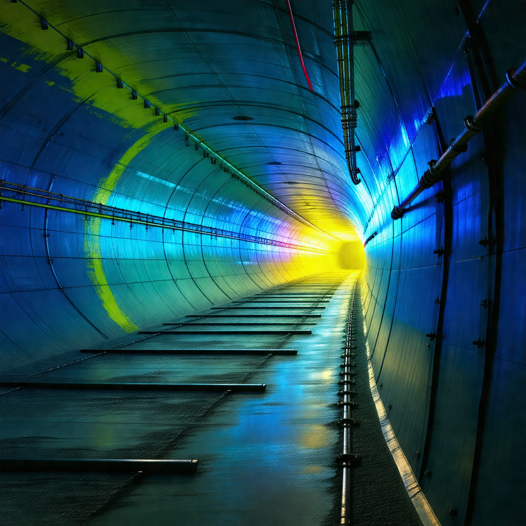 Long, narrow tunnel with a blue light illuminating the space
