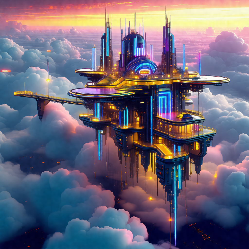 Futuristic city with a large, colorful building that rese...