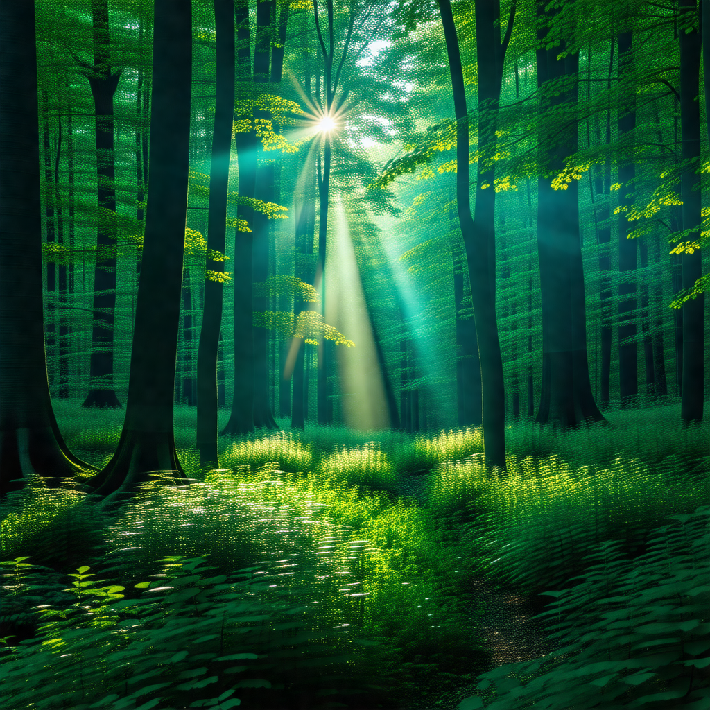 Serene forest scene with a sunbeam shining through the trees