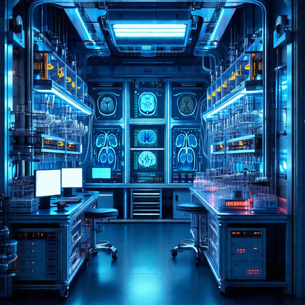 Futuristic laboratory with a blue glow, featuring a large...
