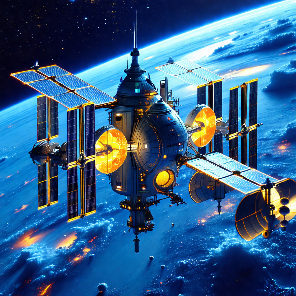Large spacecraft with a dome-shaped structure on top, fly...